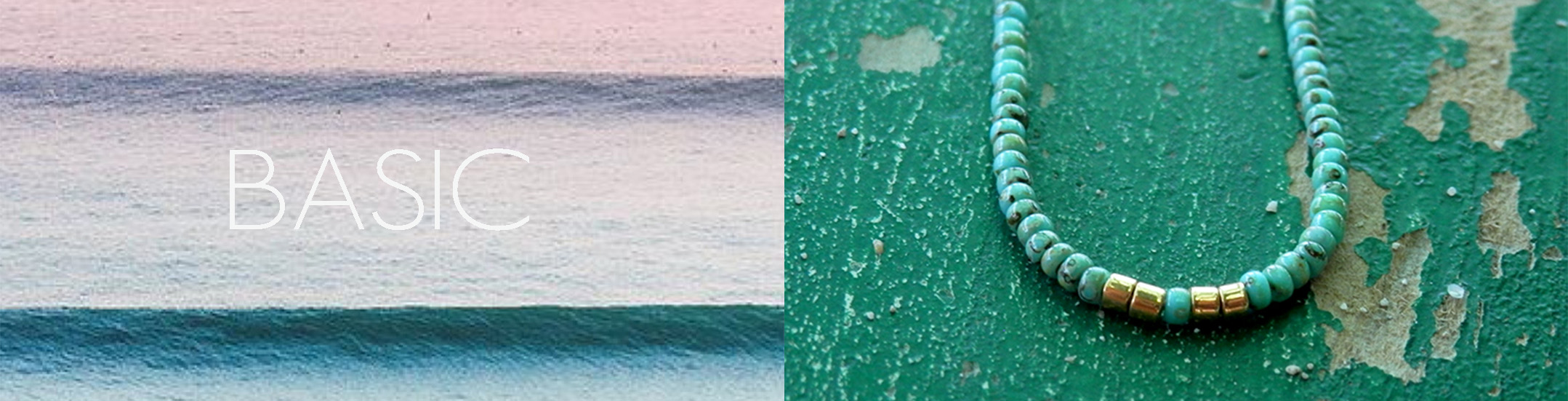 ambiance de la collection BASIC des bijoux DelFine avec focus sur un collier maille serpent doré à l'or 18 carats avec des perles de verre turquoises japonaises de très belle qualité.